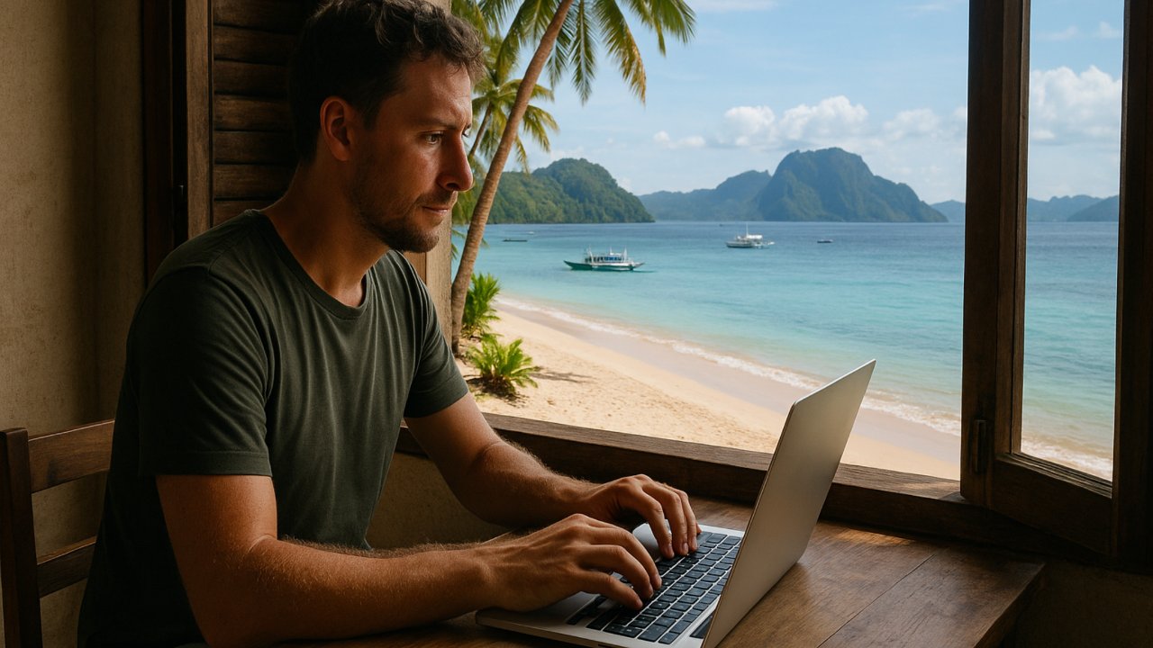 Nomade digitale lavora al computer davanti al mare