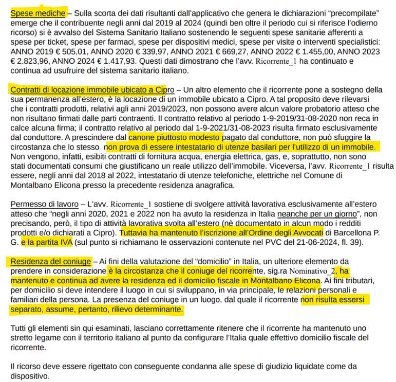 Testo della sentenza CGT Messina sulla residenza fiscale a Cipro